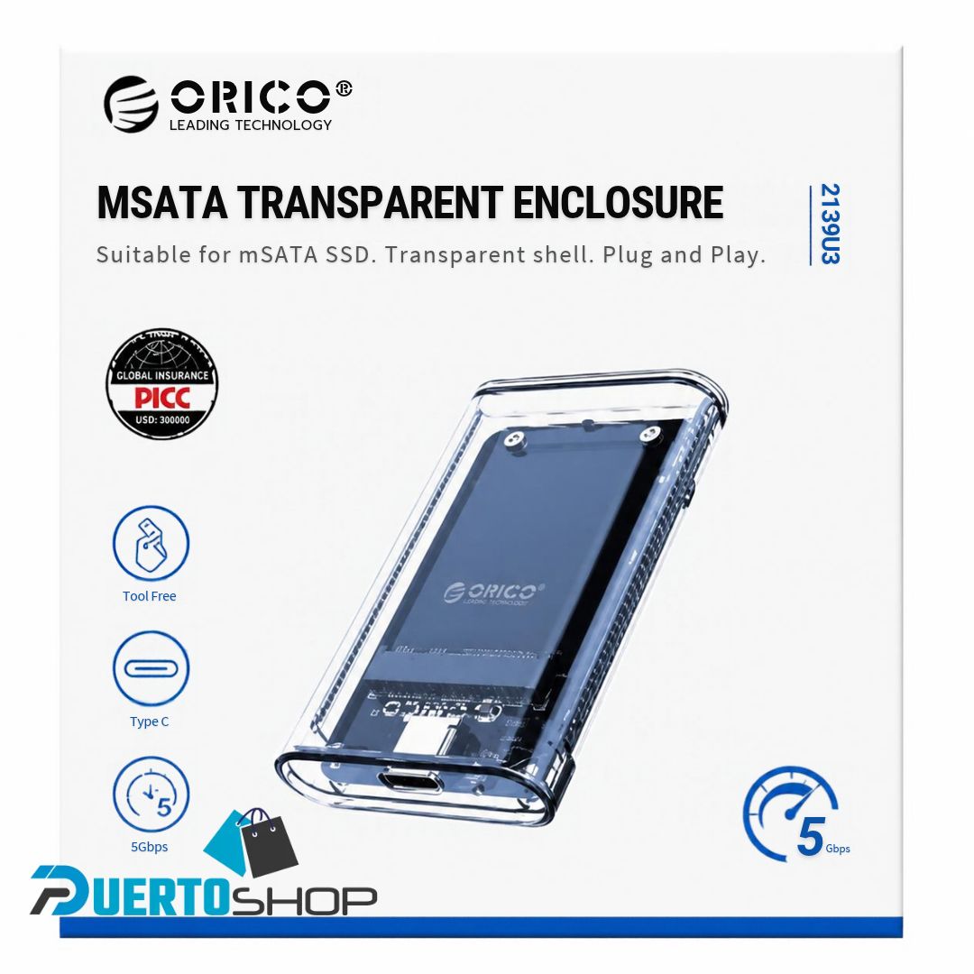 Caja / Enclosure Externo Transparente para Disco SSD mSATA ORICO TCM8-MS USB-C 5Gbps