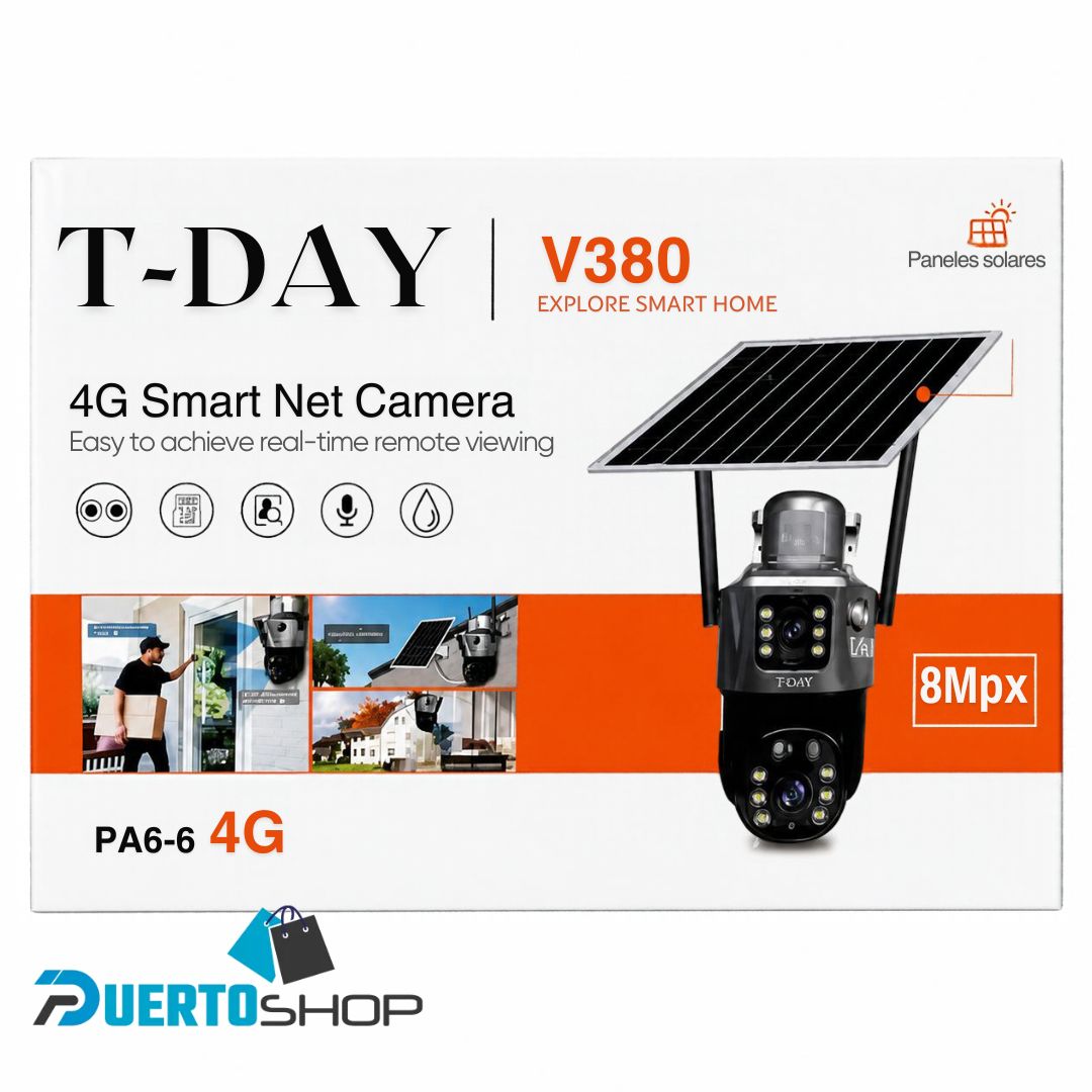 Cámara de Seguridad Solar PTZ 360° T-Day V380 Pro Wi-Fi para Exterior con Panel Solar y Sensor PIR