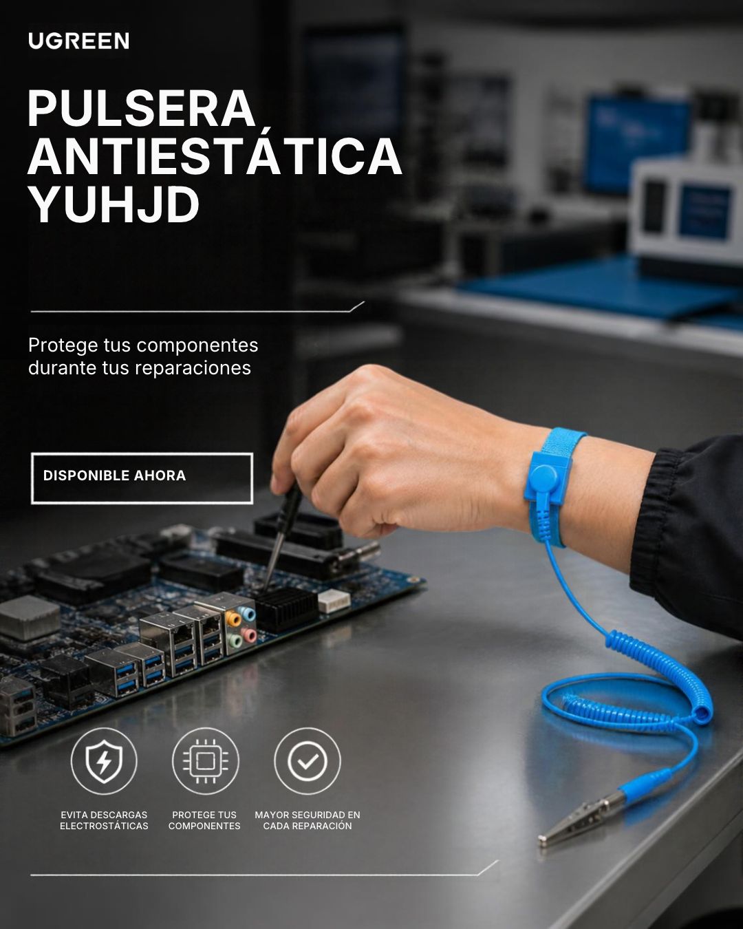 Pulsera Antiestática Ajustable ESD con Cable en Espiral y Conector Caimán para Reparación Electrónica — imagen 2