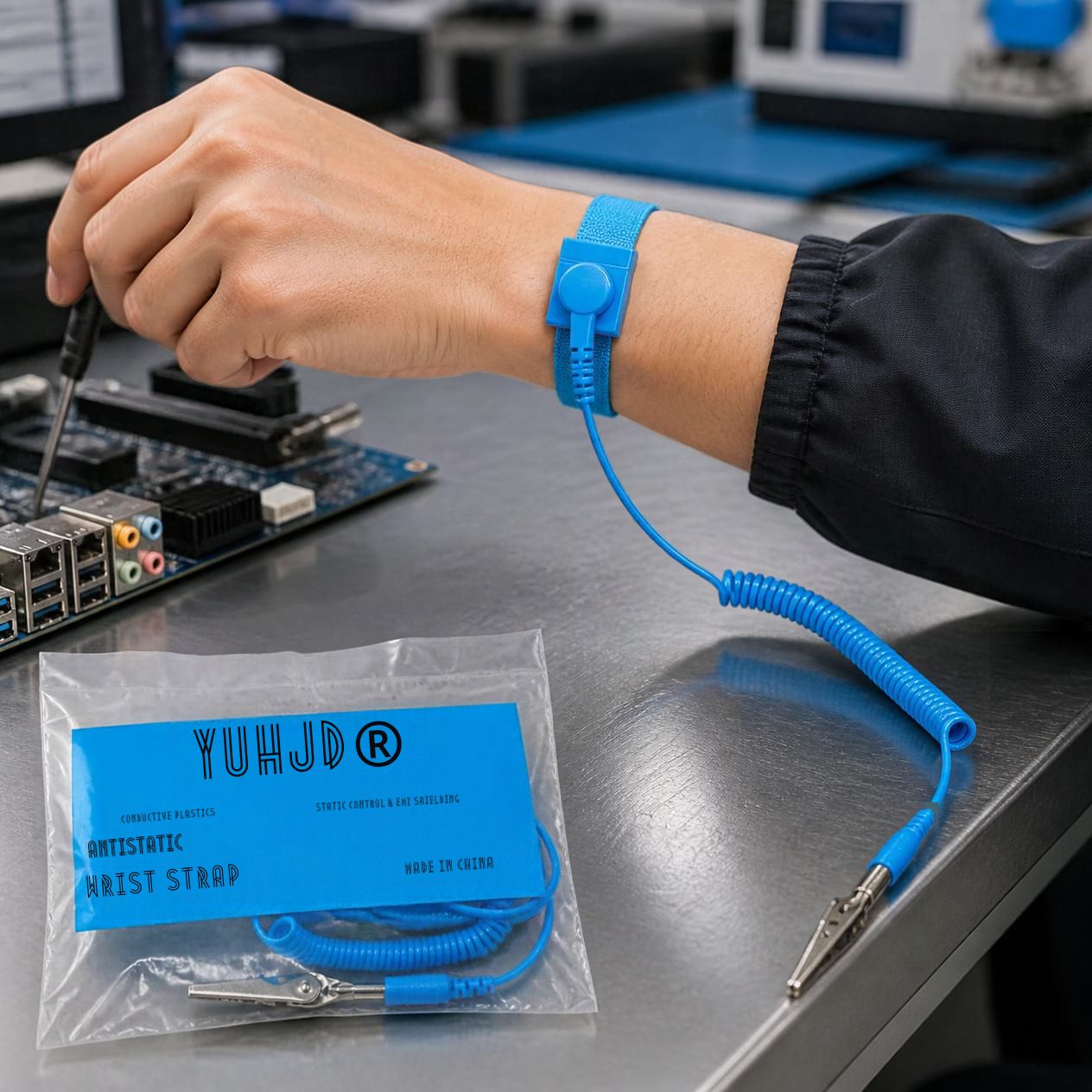 Pulsera Antiestática Ajustable ESD con Cable en Espiral y Conector Caimán para Reparación Electrónica — imagen 3