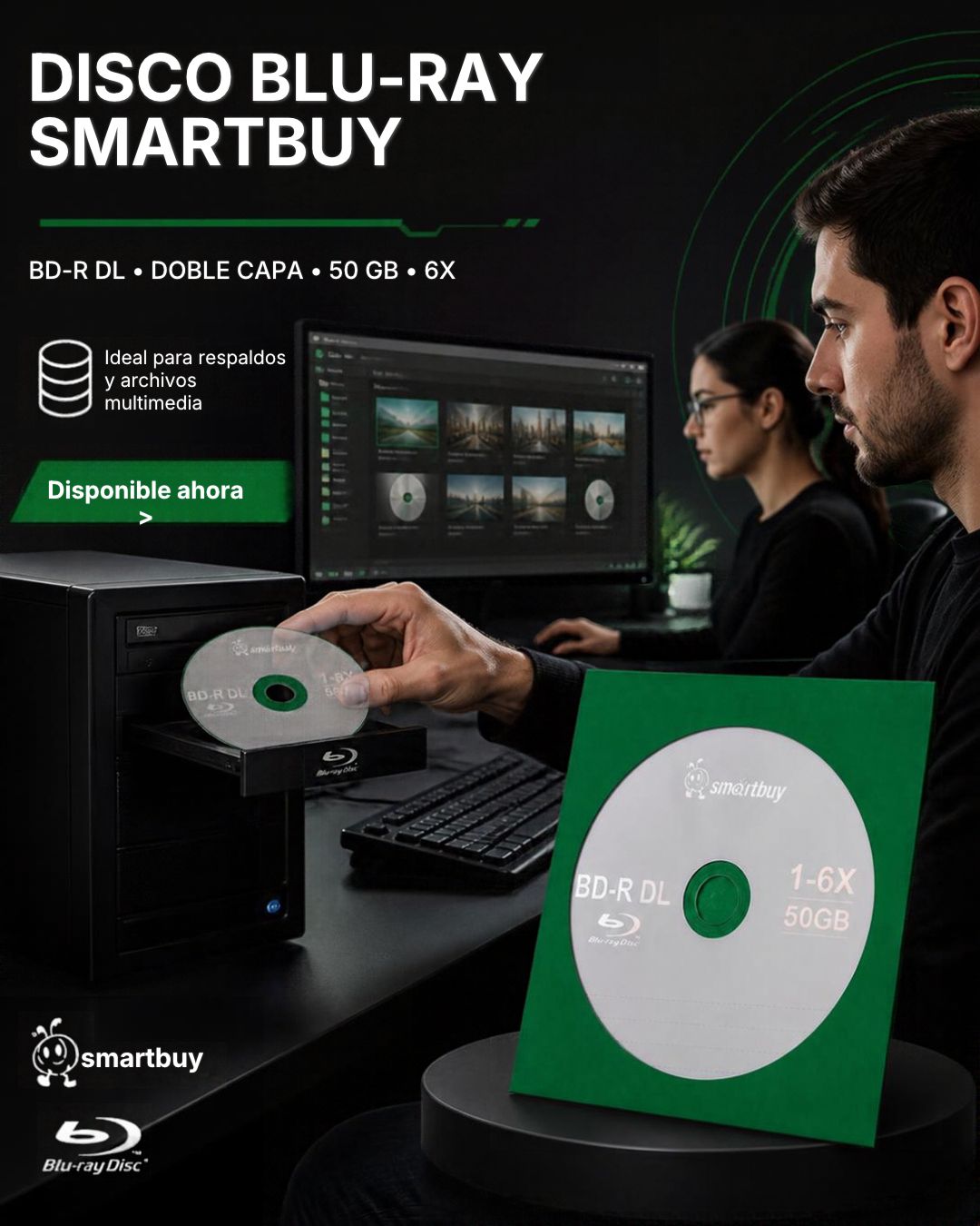 Disco Blu-ray Grabable BD-R DL Smartbuy 50GB Doble Capa 6X para Datos y Video HD — imagen 2