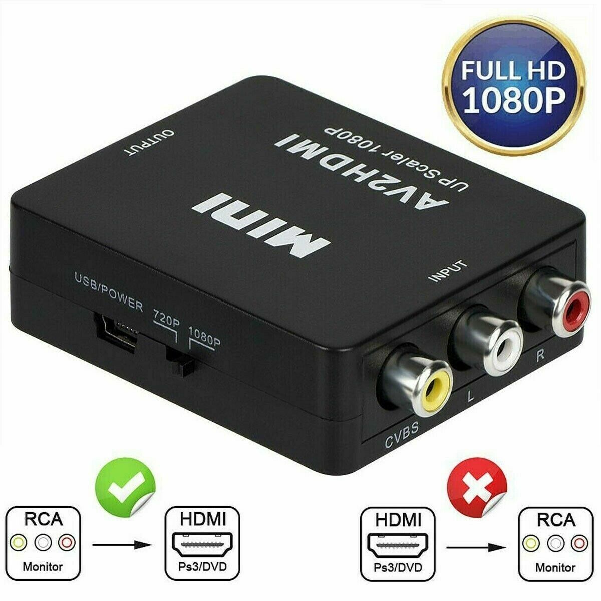 Adaptador RCA AV a HDMI HD, adaptador de video