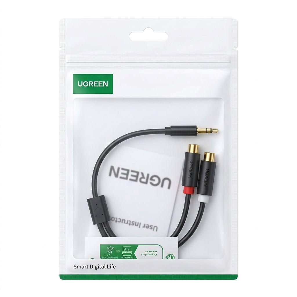 Cable Adaptador UGREEN 3.5mm Macho a 2 RCA Hembra (25cm) – Gris (P/N 10547)
