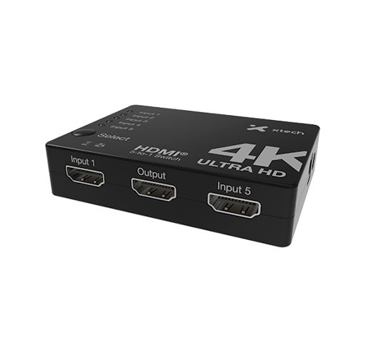 Switch HDMI Xtech xha-430 4k de 5 entradas 1 salida metálico + control remoto